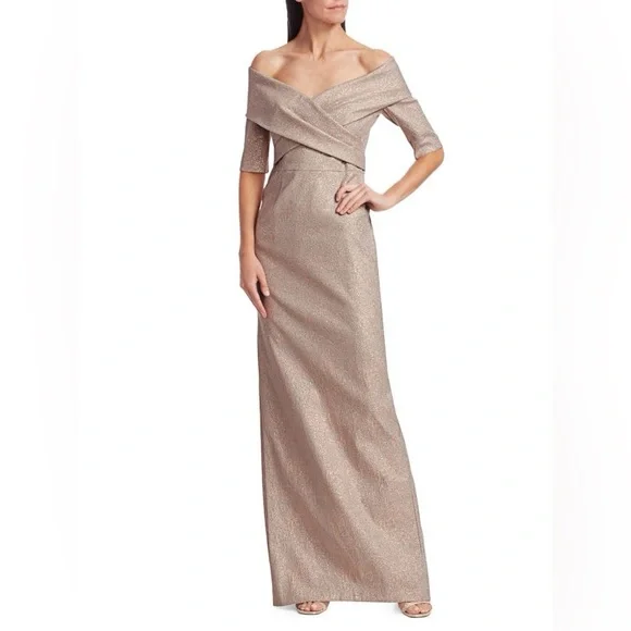 NWT Teri Jon Rickie Freeman Rose Gold Glitter Off Shoulder Column Gown Dress 8 - Picture 7 of 13
